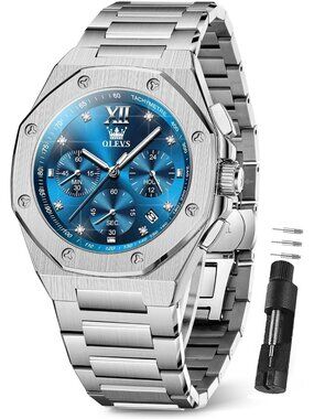 Men's Silver Blue Luxury Stainless Steel Octagon Analog Quartz Chronograph Watch